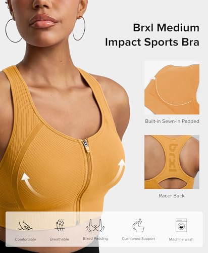 BRXL Front Zip Sports Bra Seamless Sewn in Pads Racerback Wide Straps Medium Impact for Running Yoga Gym Light Orange XL — view 4