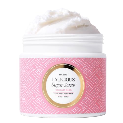 Image of LALICIOUS Sugar Kiss Exfoliating & Moisturizing Body Scrub | Sugar & Coconut Oil | Pre-Shave Scrub for Ingrown Hairs & Razor Bumps | Gently Buffs & Smooths Sensitive Skin | No Parabens | Large 16oz