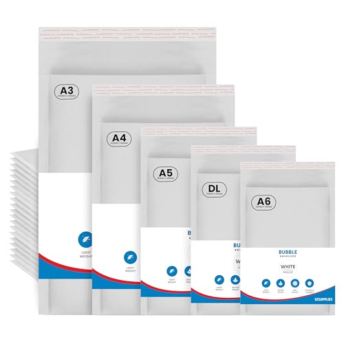 UK SUPPLIES LIMITED DL A6 A5 A4 A3 Mix Assorted Sizes (Pick Any Pack Size) Padded White Bubble Envelopes Peel & Seal Bags Bubble Mailer Postal Wrap Envelope Parcel Mailers for Mailing Goods 10 Pack