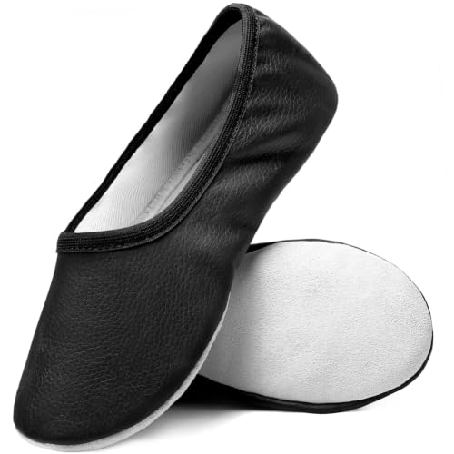 Growmax Turnschläppchen Mädchen Weiches Leder Gymnastikschuhe Mädchen Jungen Rindsledersohlen Schläppchen Kinder Stabile Naht Turnschlappen Schwarz EU 24