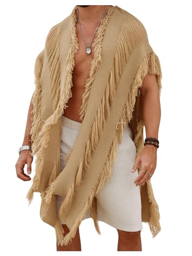 Verdusa Men's Knit Poncho Open Front Fringe Fall Loose Cardigan Cape Knit Shawl Wrap