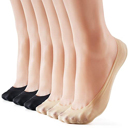 HeyUU 6 pares de calcetines de mujer transpirables de algodón invisibles zapatillas con silicona antideslizante 3 x negro+3 x beige 39-42, 3X Negro+3X Beige