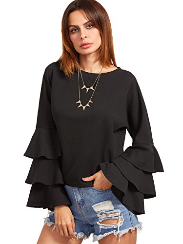 SheIn Women s Round Neck Ruffle Long Sleeve Blouse Black Large