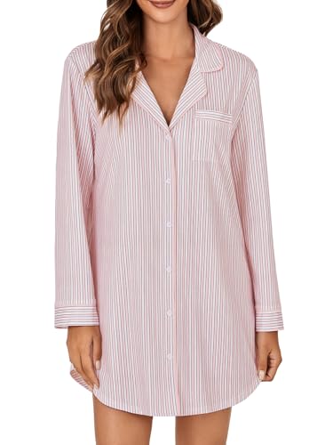 OPOIPIN Women's Striped Nightgown Collar V Neck Button Down Long Sleeve Sleep Shirt Top Nightdress2