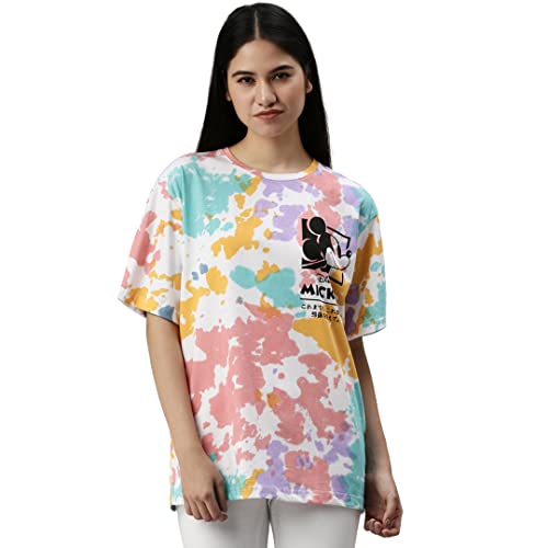 Image of Veirdo Original Disney Mickey Printed Pure Cotton Oversize Loose Baggy Fit Drop Shoulder Half Sleeves Round Neck Mickey Tit-Dye T-Shirt for Women (GL OS ST3008 TD)
