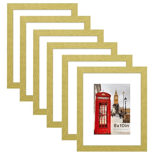 Image of PEALSN 8x10 Picture Frame Set of 6, Display Pictures 5x7 with Mat or 8x10 Without Mat for Wall Mounting or Table Top Display, Photo Frames Collage for Wall Decor, Gold