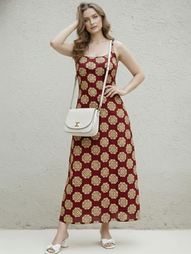 Image of Aahwan White Printed Round Neck Sleeveless Backless Long Indo Western Fusion Dress for Women's & Girl's