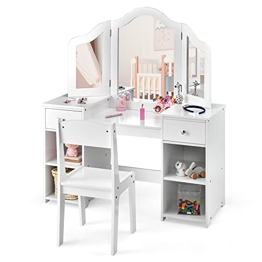 INFANS Kids Vanity, 2 in 1 Princess Makeup Desk & Chair Set with Tri-Folding Detachable Mirror, Large Storage Shelves, Wooden Pretend Play Dressing Table for Girls (White Upgrade)
