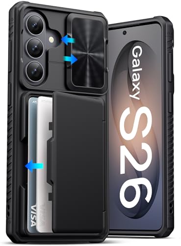 ATATOO for Samsung Galaxy S26 Case Wallet Built-in Card Holder (3-5 Cards) [RFID Blocking] & Slide Camera Cover Military Grade Protection Rugged Protective Phone Cover Case for Galaxy S26 Black