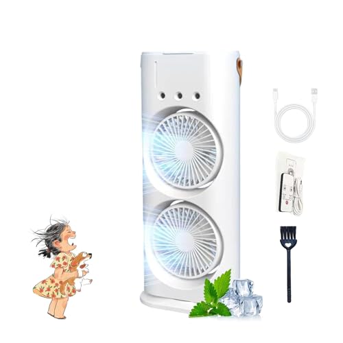 Ventilador doble portátil, ventilador nebulizador 2025 con control remoto, tanque de 600 ml, 3 cabezales de pulverización, 3 ajustes de velocidad, luces LED de 7 colores, enfriador de aire evaporativo