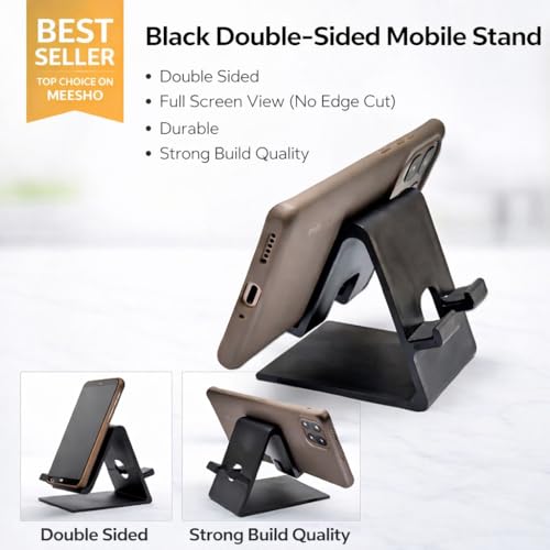 Image of Heavy Duty Double Sided Mobile Stand - Plastic Smartphone Holder for Desk | Stable Viewing Support | Black | for Video Calls & Entertainment