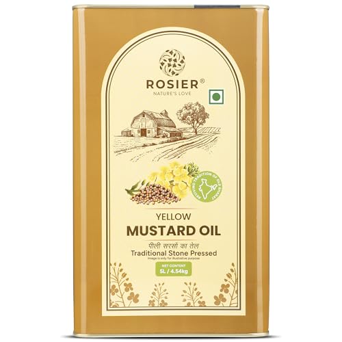 Image of ROSIER Stone Pressed Organic Yellow Mustard Oil 5 L | Traditional Stone Pressed Single Filtered Cooking Oil | Kolhu /Kacchi Ghani /Chekku | Pure, Natural and Healthy Mustard Oil 5 Litre