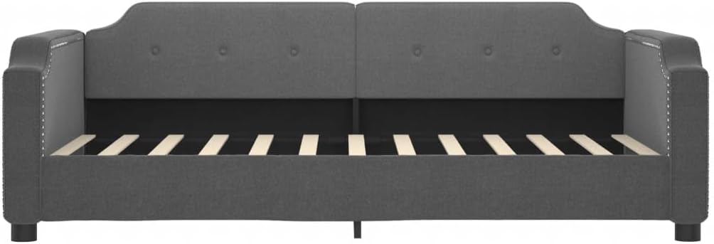 Day Bed Twin Size with Dark Grey Polyester Fabric, Solid Wood Frame, Metal Platform, Modern Minimalist Design, Durable Heavy-Duty Foundation for Bedroom Furniture, Easy Assembly