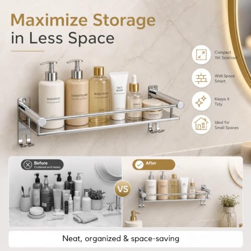Image of Well Set Stainless Steel Double Layer Bathroom Shelf | Wall Mounted Rack with Towel Bar & Hooks