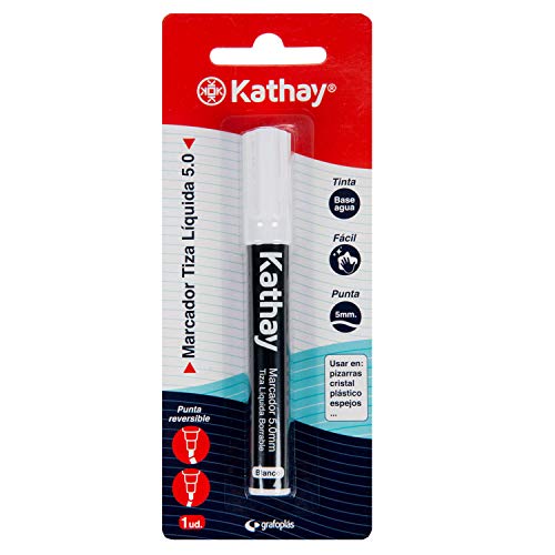 Kathay 86212670. Marcador Tiza Líquida, Borrable, Blanco, Punta 5mm, Tinta Base Agua, Punta Reversible, Perfecto para Pizarras, Cristal, Plásticos o Espejos