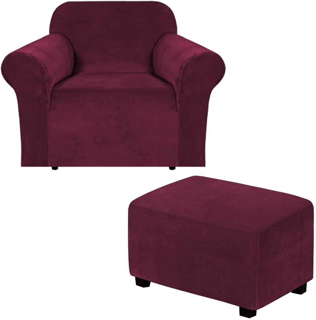 H.VERSAILTEX Velvet One Piece Sofa Slipcover (Chair 32"-48", Burgundy) Bundles Rectangle Ottoman Slipcover(Large, Burgundy)