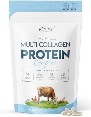 Revive Naturals Multi Collagen Protein Capsules - Types I, II, III, V & X - Hydrolysed Grass Fed Bovine, Wild Caught Marine & Free-Range Chicken, Made with Hyaluronic Acid & Vitamin C, 120 Caps