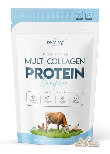 Multi Collagen Protein Capsules - 120 Count - Types I, II, III, V & X - Hydrolysed Grass Fed Bovine, Wild Caught Marine & Free-Range Chicken, Made with Hyaluronic Acid & Vitamin C by Revive Naturals