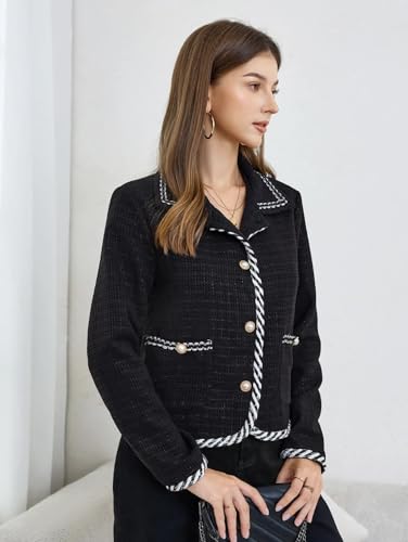 Women's Contrast Trim Coat Jewel Buttons Shirt Collar Long Sleeve Cardigan Stitch Jacket Tweed Jacket with Pocket4