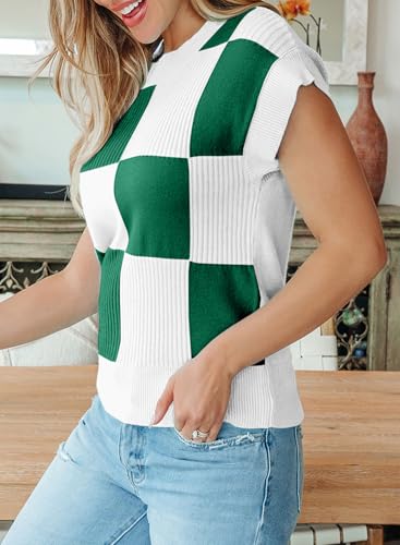 Image of EVALESS Short Sleeve Sweater for Women Crewneck Color Block Knit Tops 2026 Summer Trendy Cap Sleeve Sweater Vest