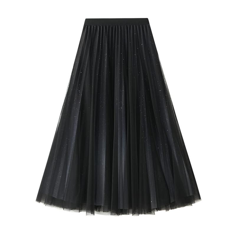Femiserh Women's Gradient Tulle Midi Skirt Elastic High Waist Pleated A-line Skirt