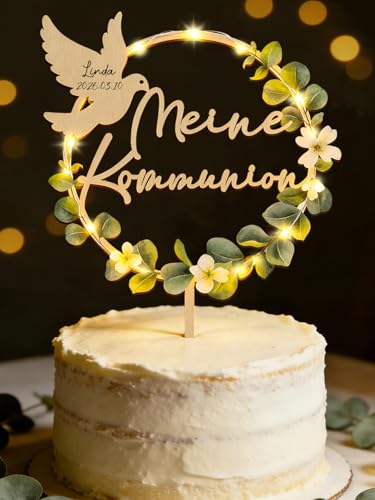 Tortendeko Kommunion mit LED Lichterkette Meine Kommunion Cake Topper Holz Eukalyptus Tortenstecker Erstkommunion deko Junge Mädchen Geschenke Kommunionsgeschenke Elegant Kuchen Deko