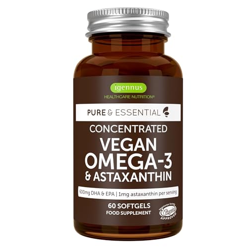 Omega 3 vegan, 60 Kapseln, 1344mg Algenöl pro Tag mit 600 mg DHA & EPA, Omega 3 Algenöl hochdosiert mit 1mg Astaxanthin, 1 Monat Vorrat, von Igennus