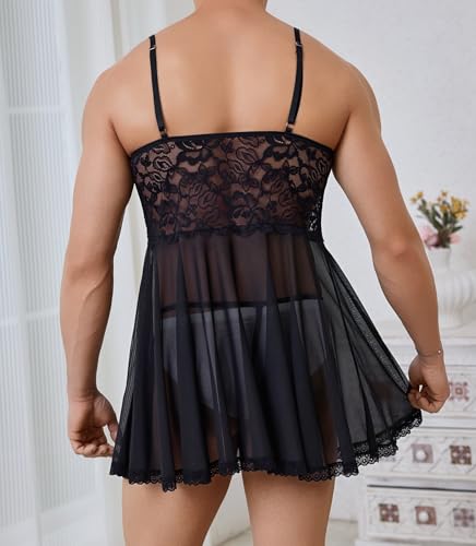 ABAFIP Men's Sissy Lingerie Crossdressing Nightwear Sheer Lace Mesh Nightdress Ruffle V-Neck Nightgown4