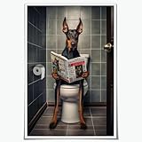 Funny Doberman Pinscher Dog Reading Newspaper in Bathroom Toilet Wall Art Picture Canvas Print Poster Animal Lovers Dog Breed Decor 8x12inch Unframed