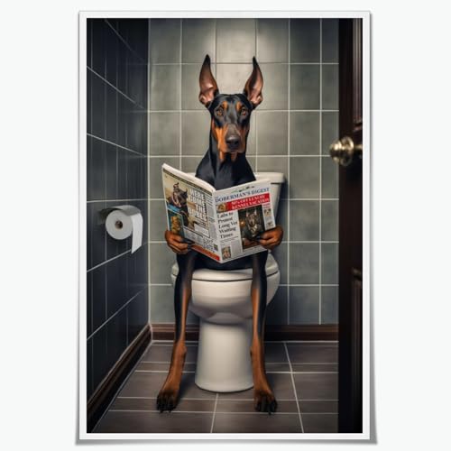 Funny Doberman Pinscher Dog Reading Newspaper in Bathroom Toilet Wall Art Picture Canvas Print Poster Animal Lovers Dog Breed Decor 8x12inch Unframed