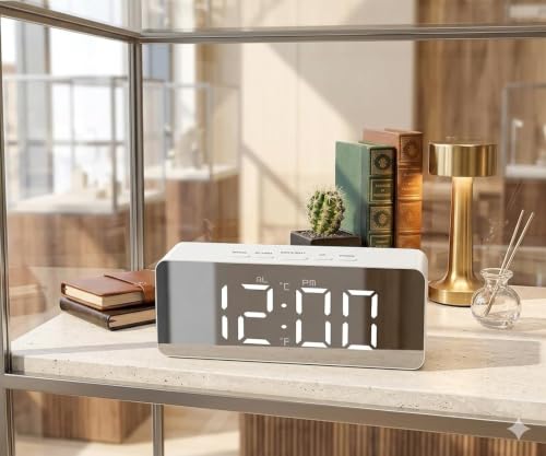 Image of Digital Alarm Clock, LED Mirror Display, Pink, Snooze Function, Adjustable Brightness, USB or Battery Operated, Night Mode