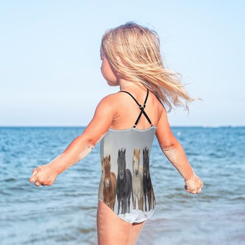 Kids Swim Suits Beach Apparel 3-10 Y with Adjustable Shoulder Strap, Cute Winter Horses4