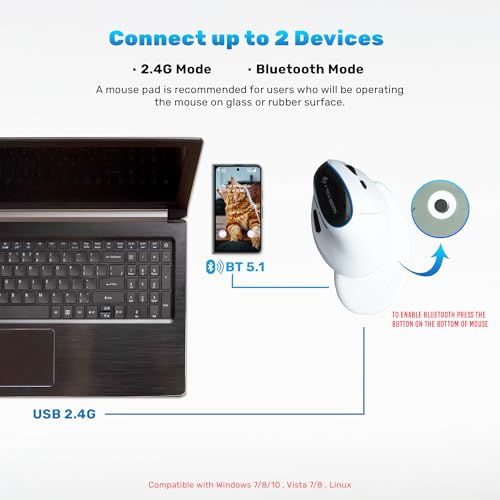 Image of J-Tech Digital Wireless Mouse, Vertical Ergonomic Mouse with Bluetooth Dual Modes + USB Dongle + Rechargeable w / 2.4GHz Wireless + Adjustable DPI 3200 for Laptop, Desktop, PC, Mac [V638W], White