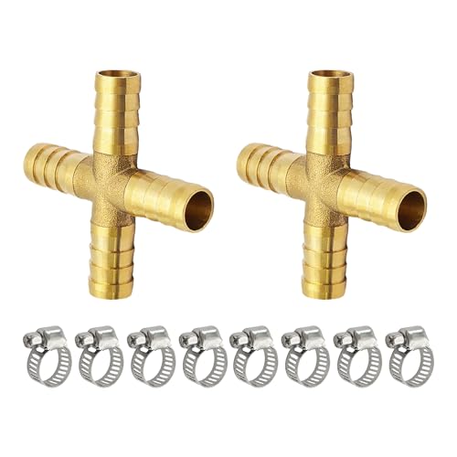 AUXBC 2Pcs 3/8Inch 4 Way Brass Hose Barb, Cross Brass Barb Connector Fitting with 8Pcs Hose Clamps for Fuel, Air, Water, Oil, Gas(10mm)
