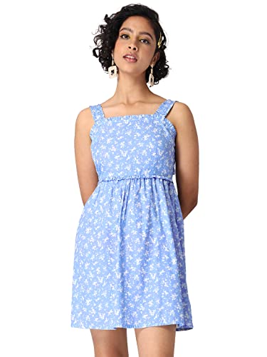 Image of FabAlley Women's Cotton Blue Floral Strappy Back Tie Dress Mini