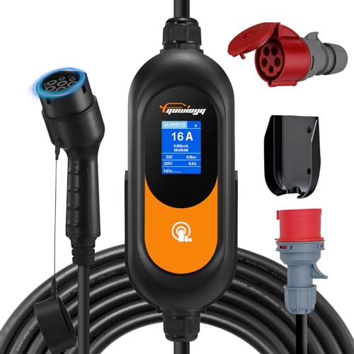 GUWIEYG Electric Car Charger, 11kW, EV Charger Type 2 IEC 62196 with EEC Plug, 8-16 A Adjustable with Digital Display, 5 m