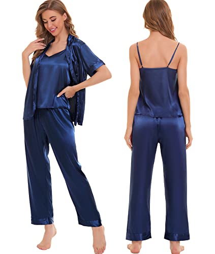 Image of SWOMOG Womens Silk Satin Pajamas Sets 4pcs Sleepwear Sexy Cami Shorts Set and Button Down Short Sleeve Pjs Loungewear