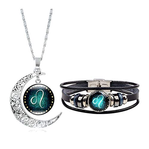 Dcfywl731 Leo Zodiac Necklace Bracelet 2Pcs Leo Zodiac Sign Necklace Bracelet for Women Men 12 Twelve Constellations Hand Woven Leather Bracelet and Moon Pendant Charm Jewelry Set Leo(7/23-8/22)