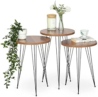 Bravich Set of 3 Round Side Coffee Tables, Nesting Tables, End Tables for Living Room, Dining Room, Bedroom, Modern Style, Metal Legs, Walnut Wood Effect Top