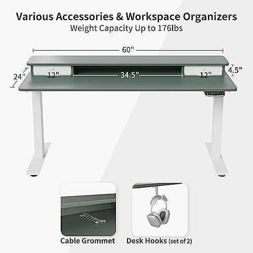 Image of FEZIBO 60 x 24 Inch Height Adjustable Electric Standing Desk with Double Drawer, Stand Up Desk with Storage Shelf, Sit Stand Desk, Green