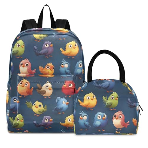 Backpack Lunch Box Set Large Capacity Travel Backpacks and Insulated Lunch Bag for Commute Hiking Picnic Cute Birds Print