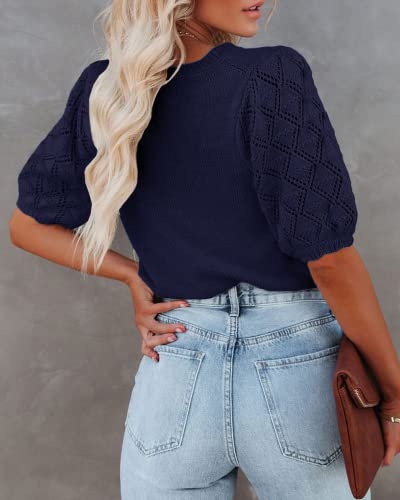 Image of Womens Short Sleeve Sweaters Crewneck Knit Pullover Tops 2025 Summer Casual Lightweight Crochet Blouse Shirt