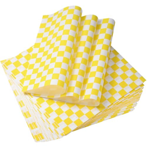 QUARKZMAN 200 stycken vaxpapper för mat, 20 x 20 cm förpackningspappersblad, förpackning rutiga livsmedelskorginlägg, fettbeständigt smörgåspapper, gul