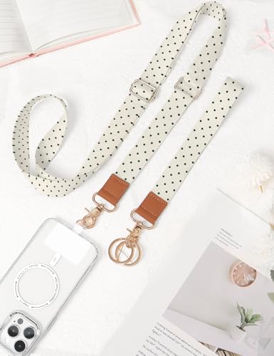 Knagsfa Phone Lanyard Crossbody Strap, Adjustable Neck Strap and Wristlet Strap for Phone Wallet ID Badge, Around the Neck Wristlet Shoulder Wrist Keychain with 2 Phone Tabs, Beige Polka Dots - image 2