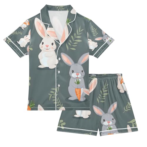 senya Rabbit Holding Carrots Satin Summer Pajama Sets Silk Short Sleeve Button Down Sleepwear