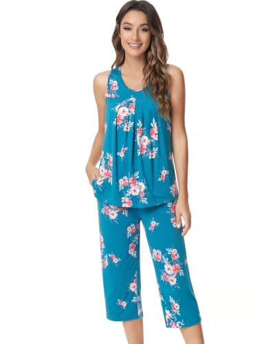 Image of NACHILA Pajamas for Women-Viscose Made from Bamboo, Sleeveless Pjs Tank Top Capri Pants Pajama Sets Cooling Sleepwear