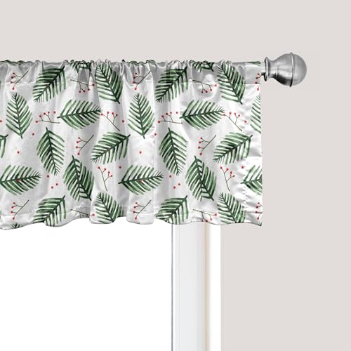 Ambesonne Christmas Tree Window Valance, Painting Illustrations of Branches and Berries Watercolor Style, Curtain Valance for Kitchen Bedroom Decor with Rod Pocket, 54" X 12", Hunter Green and White