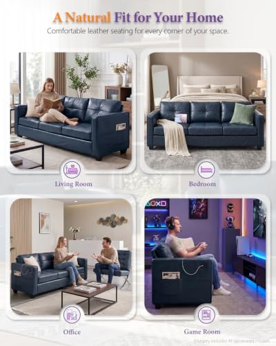 Image of TYBOATLE Faux Leather Blue Couch with USB, 3-Seater Sofa for Living Room | Leather Couch, Living Room Sofa, Mid-Century Modern, Tufted Design, Wider Arms, Side Pockets, Comfy Seating, Office, Bedroom