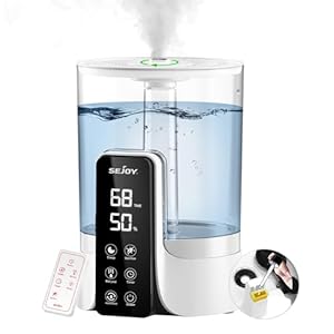 Sejoy Humidificateurs 6L pour chambre à coucher, grande pièce et bébé, humidificateur de bureau à brume froide ultrasonique, diffuseur d’arômes et veilleuse, buses pivotant à 360°