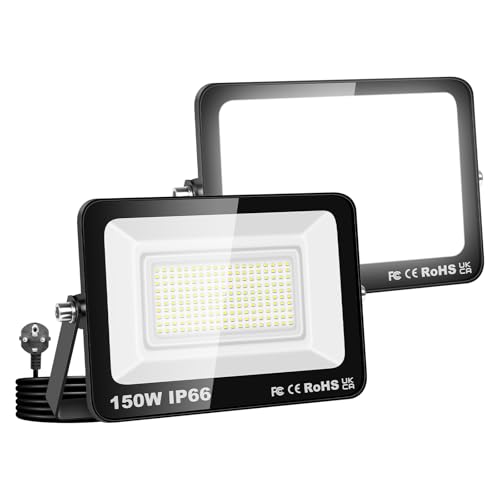 Willpower 2PCS Foco LED Exterior Interior Proyector LED 150W 15,000LM Focos de Luz 6000K Blanco Frío IP66 Luz de Inundación Iluminación para Garaje Patio Jardín Terraza Parque Trabajo, con Enchufe